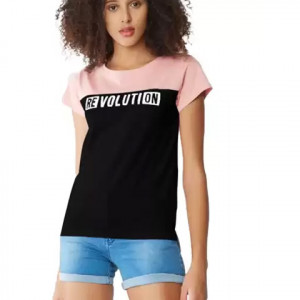 Printed Women Round Neck Pink, Black T-Shirt