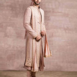 Peach Raw Silk Embroidered Sherwani Set